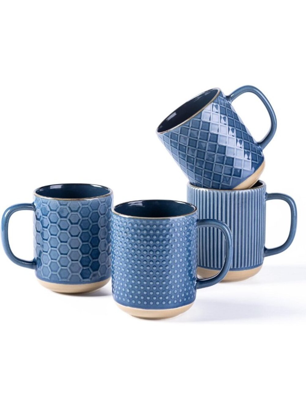 Set of 4 Blue Coffee Mugs, 16 oz Ceramic Cups with Large Handle - Perfect for